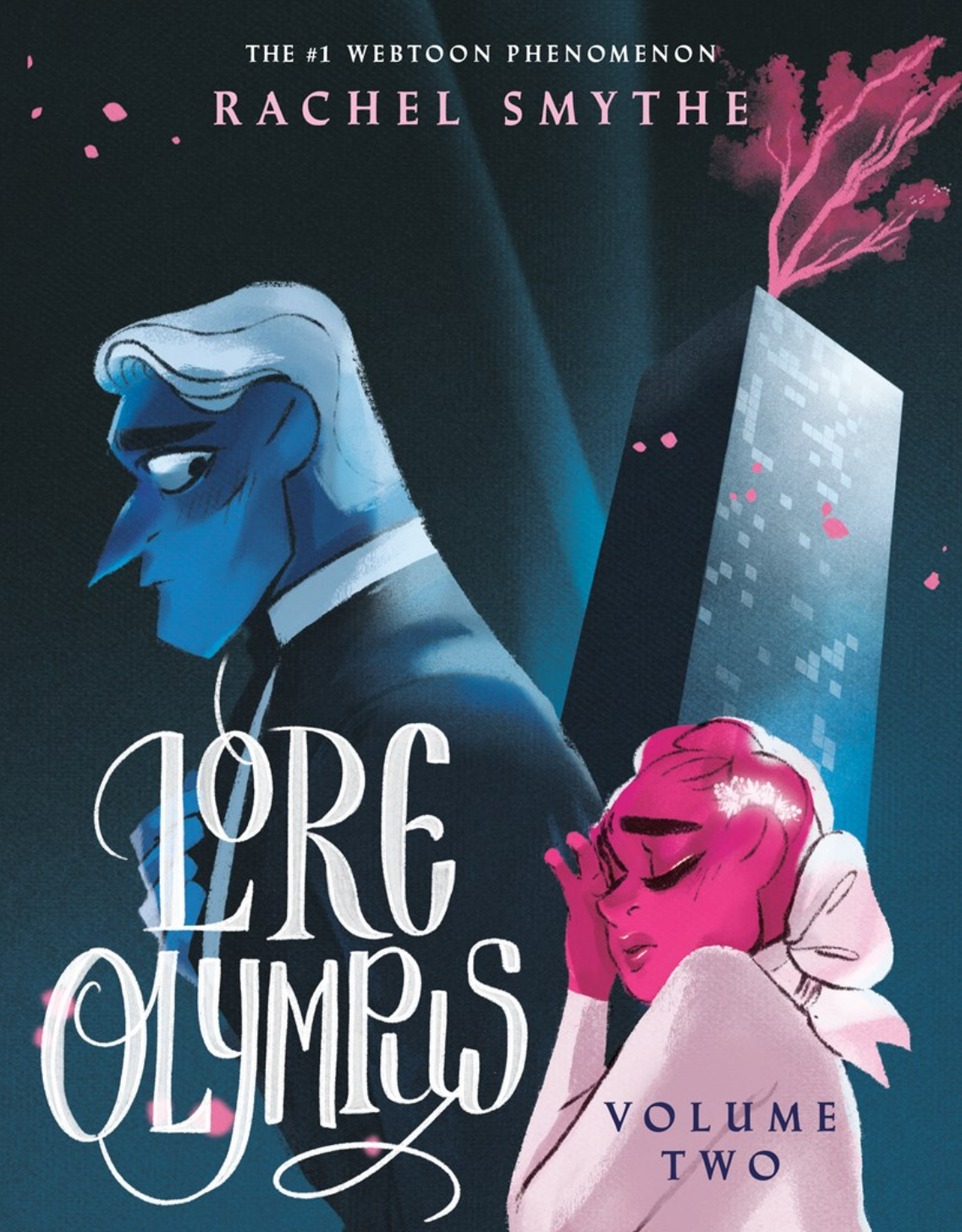 Book cover of 'Lore Olympus' Volume Two featuring two characters against a dark background.